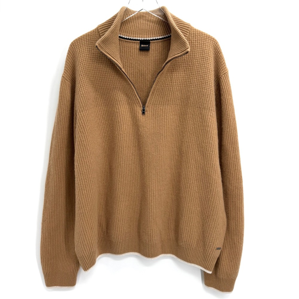 BOSS Hugo Boss Cashmere Wool Blend Mens XXL Brown 1/4 Zip Ribbed Sweater Preppy